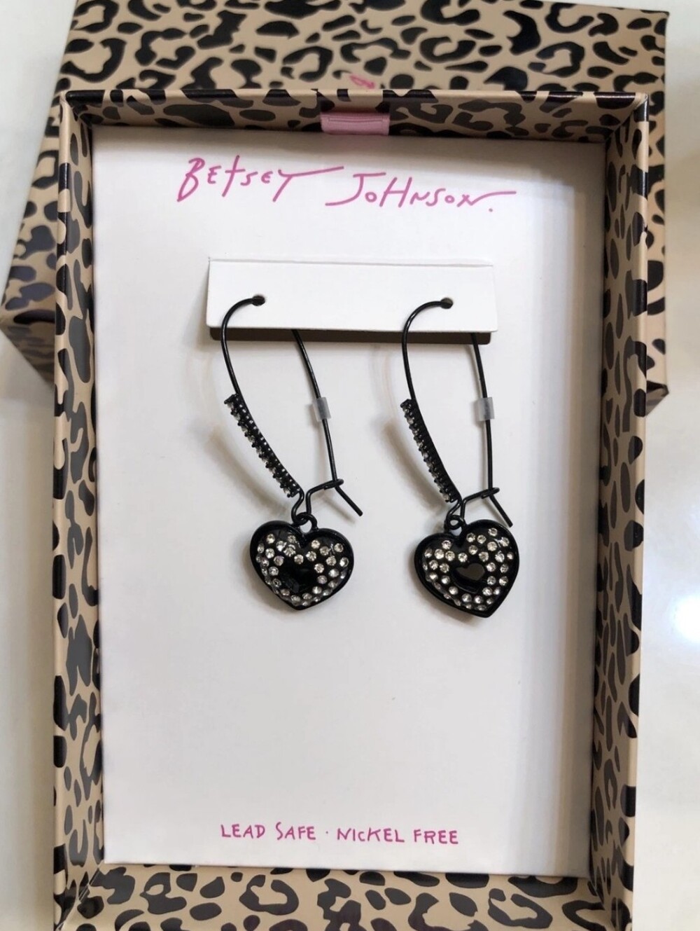 Betsey Johnson Black Heart Crystal Drop Earrings